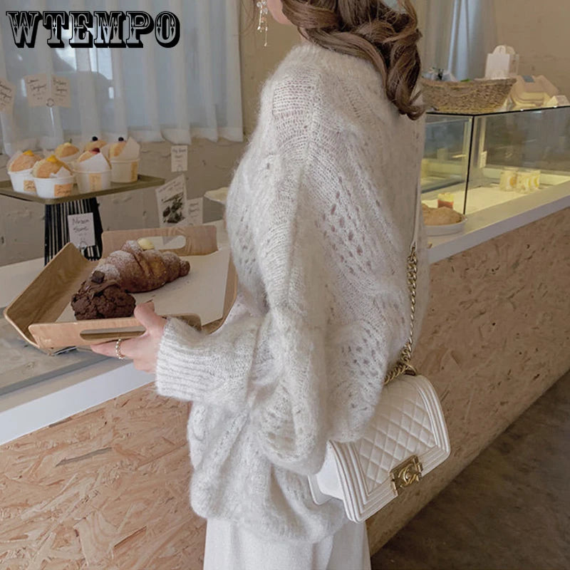 Pink Hollow Pullover Sweater Women's Spring Outer Wear Loose Loose Lazy Style Sweet Thin Knit Sweater Autumn