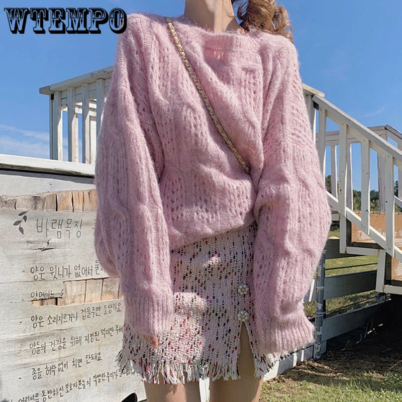 Pink Hollow Pullover Sweater Women's Spring Outer Wear Loose Loose Lazy Style Sweet Thin Knit Sweater Autumn
