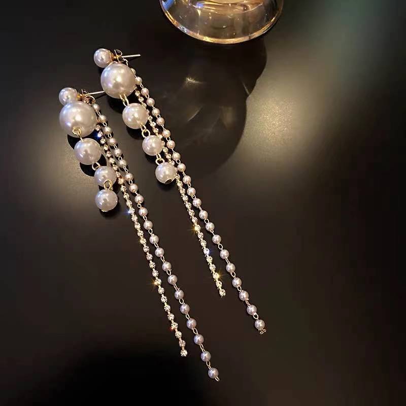 Long Dangle Earrings for Women 2022 Fashion Full Crystal Simulated Pearl Tassel Drop Earring Vintage Gold Color Brincos Jewelry