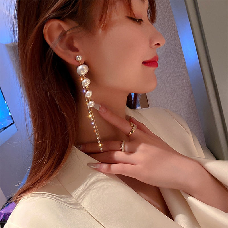 Long Dangle Earrings for Women 2022 Fashion Full Crystal Simulated Pearl Tassel Drop Earring Vintage Gold Color Brincos Jewelry