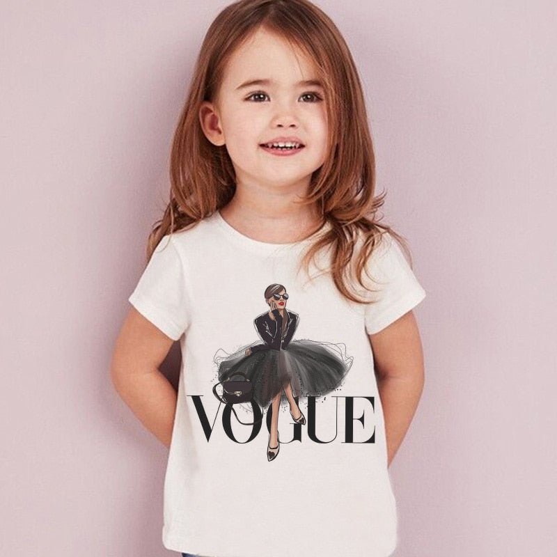 VOGUE Princess Print Girls Tshirt Harajuku Kawaii Fashion Girl Top Cartoon Casual Girl T Shirts Children Round Neck Short Sleeve