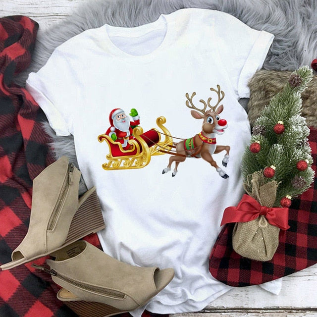 Suitable all seasons New cute reindeer t shirt women fashion Christmas Harajuku Short Sleeve t shirt White Tshirt Tops clothing