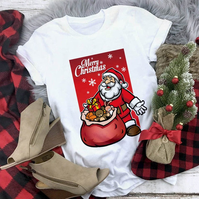 Suitable all seasons New cute reindeer t shirt women fashion Christmas Harajuku Short Sleeve t shirt White Tshirt Tops clothing