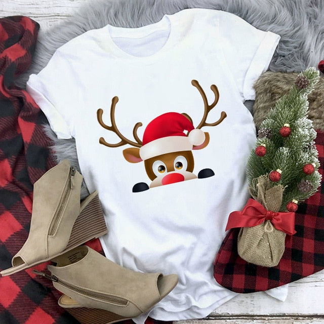 Suitable all seasons New cute reindeer t shirt women fashion Christmas Harajuku Short Sleeve t shirt White Tshirt Tops clothing