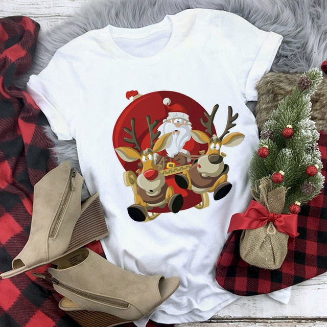 Suitable all seasons New cute reindeer t shirt women fashion Christmas Harajuku Short Sleeve t shirt White Tshirt Tops clothing