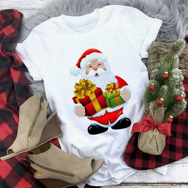 Suitable all seasons New cute reindeer t shirt women fashion Christmas Harajuku Short Sleeve t shirt White Tshirt Tops clothing