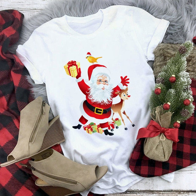 Suitable all seasons New cute reindeer t shirt women fashion Christmas Harajuku Short Sleeve t shirt White Tshirt Tops clothing