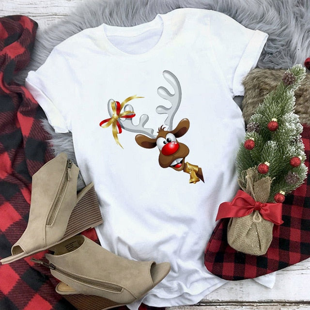 Suitable all seasons New cute reindeer t shirt women fashion Christmas Harajuku Short Sleeve t shirt White Tshirt Tops clothing