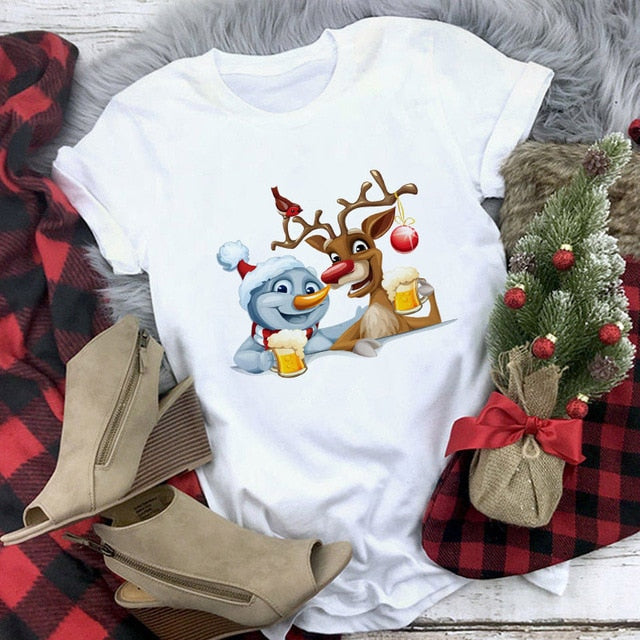 Suitable all seasons New cute reindeer t shirt women fashion Christmas Harajuku Short Sleeve t shirt White Tshirt Tops clothing