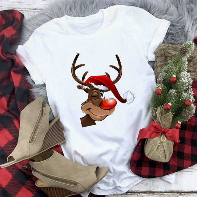Suitable all seasons New cute reindeer t shirt women fashion Christmas Harajuku Short Sleeve t shirt White Tshirt Tops clothing