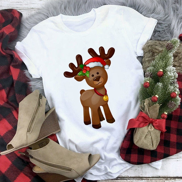 Suitable all seasons New cute reindeer t shirt women fashion Christmas Harajuku Short Sleeve t shirt White Tshirt Tops clothing