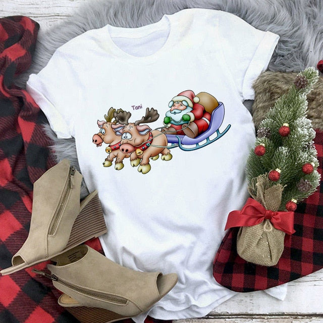 Suitable all seasons New cute reindeer t shirt women fashion Christmas Harajuku Short Sleeve t shirt White Tshirt Tops clothing