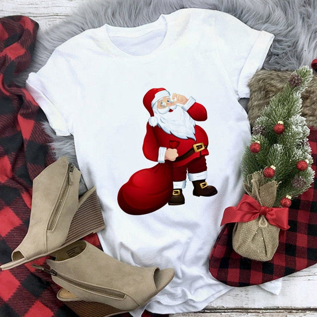 Suitable all seasons New cute reindeer t shirt women fashion Christmas Harajuku Short Sleeve t shirt White Tshirt Tops clothing