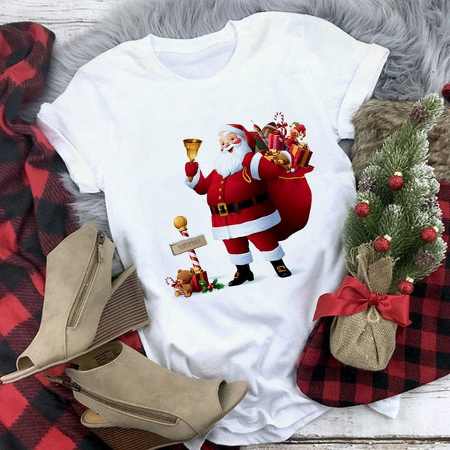 Suitable all seasons New cute reindeer t shirt women fashion Christmas Harajuku Short Sleeve t shirt White Tshirt Tops clothing