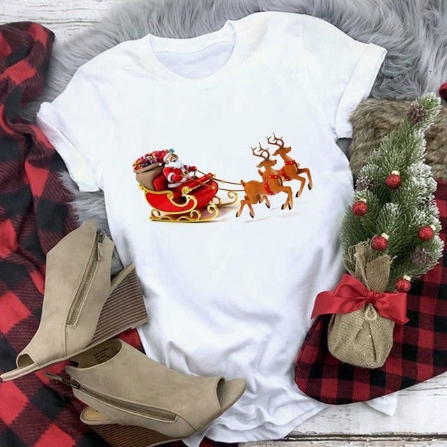 Suitable all seasons New cute reindeer t shirt women fashion Christmas Harajuku Short Sleeve t shirt White Tshirt Tops clothing
