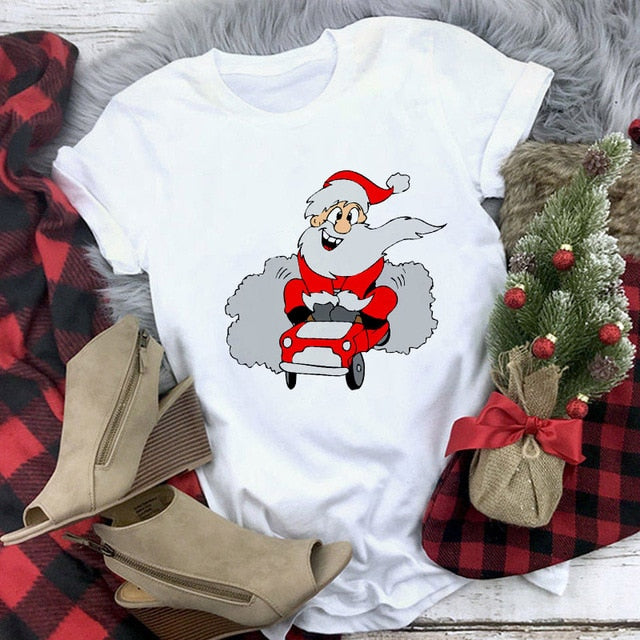 Suitable all seasons New cute reindeer t shirt women fashion Christmas Harajuku Short Sleeve t shirt White Tshirt Tops clothing