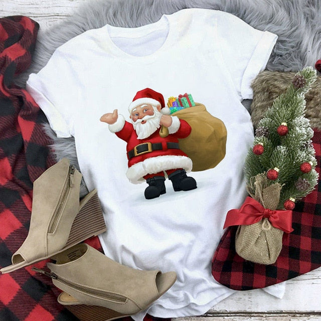 Suitable all seasons New cute reindeer t shirt women fashion Christmas Harajuku Short Sleeve t shirt White Tshirt Tops clothing