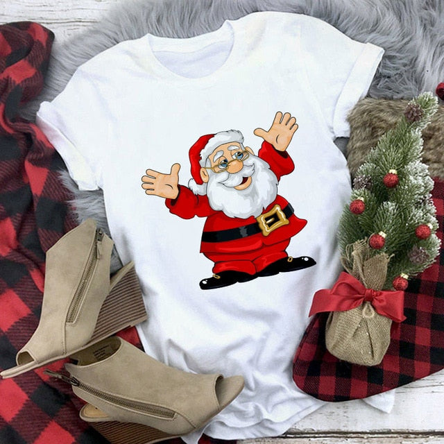 Suitable all seasons New cute reindeer t shirt women fashion Christmas Harajuku Short Sleeve t shirt White Tshirt Tops clothing