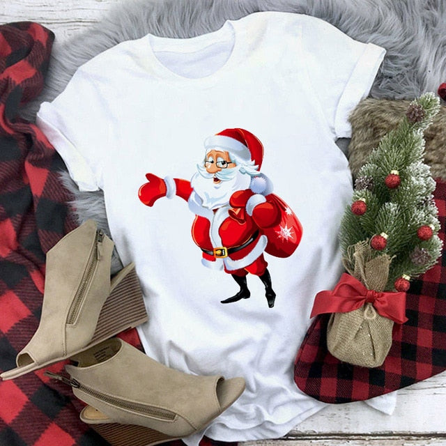 Suitable all seasons New cute reindeer t shirt women fashion Christmas Harajuku Short Sleeve t shirt White Tshirt Tops clothing
