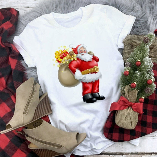 Suitable all seasons New cute reindeer t shirt women fashion Christmas Harajuku Short Sleeve t shirt White Tshirt Tops clothing