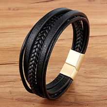 Fashion Stainless Steel Charm Magnetic Black Men Bracelet Leather Genuine Braided Punk Rock Bangles Jewelry Accessories Friend