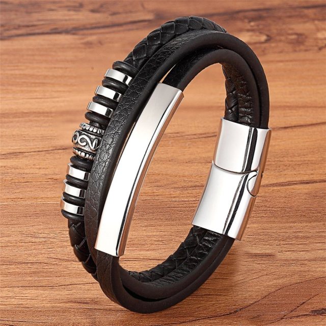 Fashion Stainless Steel Charm Magnetic Black Men Bracelet Leather Genuine Braided Punk Rock Bangles Jewelry Accessories Friend