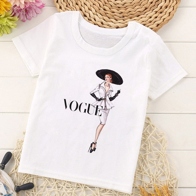 VOGUE Princess Print Girls Tshirt Harajuku Kawaii Fashion Girl Top Cartoon Casual Girl T Shirts Children Round Neck Short Sleeve