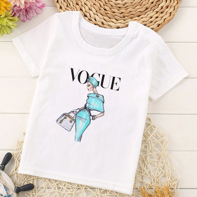 VOGUE Princess Print Girls Tshirt Harajuku Kawaii Fashion Girl Top Cartoon Casual Girl T Shirts Children Round Neck Short Sleeve