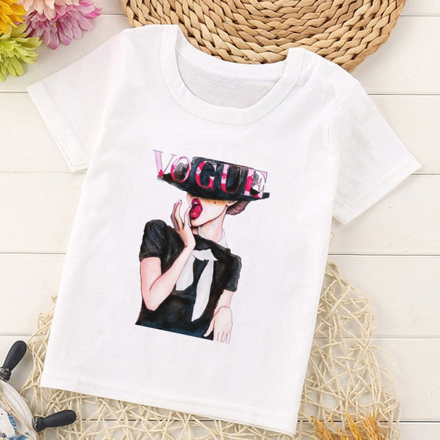 VOGUE Princess Print Girls Tshirt Harajuku Kawaii Fashion Girl Top Cartoon Casual Girl T Shirts Children Round Neck Short Sleeve