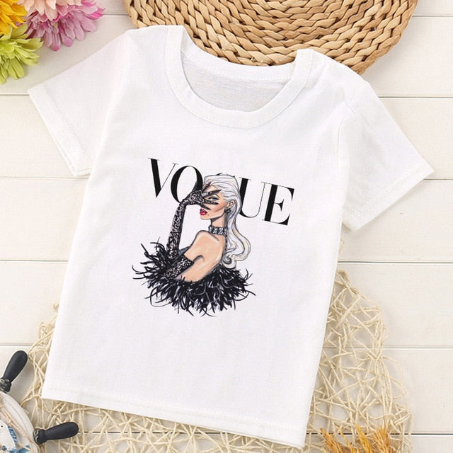 VOGUE Princess Print Girls Tshirt Harajuku Kawaii Fashion Girl Top Cartoon Casual Girl T Shirts Children Round Neck Short Sleeve