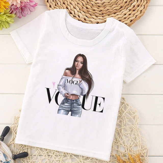 VOGUE Princess Print Girls Tshirt Harajuku Kawaii Fashion Girl Top Cartoon Casual Girl T Shirts Children Round Neck Short Sleeve