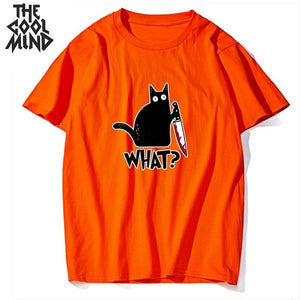 COOLMIND 100% cotton short sleeve cool knife cat print men T shirt casual loose cat men tshirt o-neck t-shirt men tee shirts top