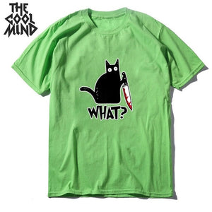 COOLMIND 100% cotton short sleeve cool knife cat print men T shirt casual loose cat men tshirt o-neck t-shirt men tee shirts top