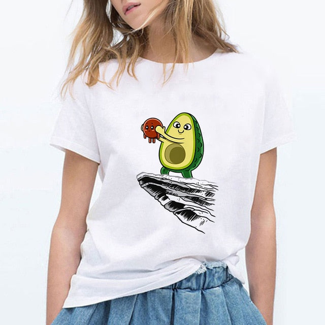 LUCKYROLL Avocado Cat Pattern T Shirt Women Harajuku Vegan Cute Tops Plus Size S-3XL T-shirt Tee Tops