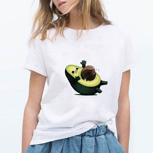 LUCKYROLL Avocado Cat Pattern T Shirt Women Harajuku Vegan Cute Tops Plus Size S-3XL T-shirt Tee Tops