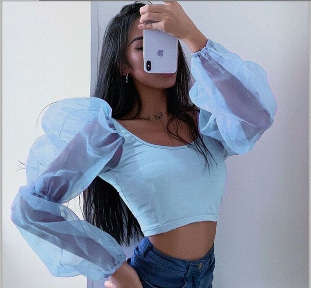 Sexy Mesh See Through Perspective Lantern Long Sleeve Crop Tops 2019 Autumn Women Backless Patchwork Slim U-Neck T-Shirt Tees