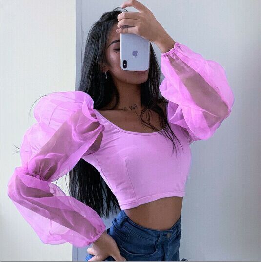 Sexy Mesh See Through Perspective Lantern Long Sleeve Crop Tops 2019 Autumn Women Backless Patchwork Slim U-Neck T-Shirt Tees