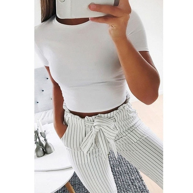 Summer Women Fashion Crop Top Shirt Solid Color O-Neck Short Sleeve T-shirt  Casual Tees Basic Black White