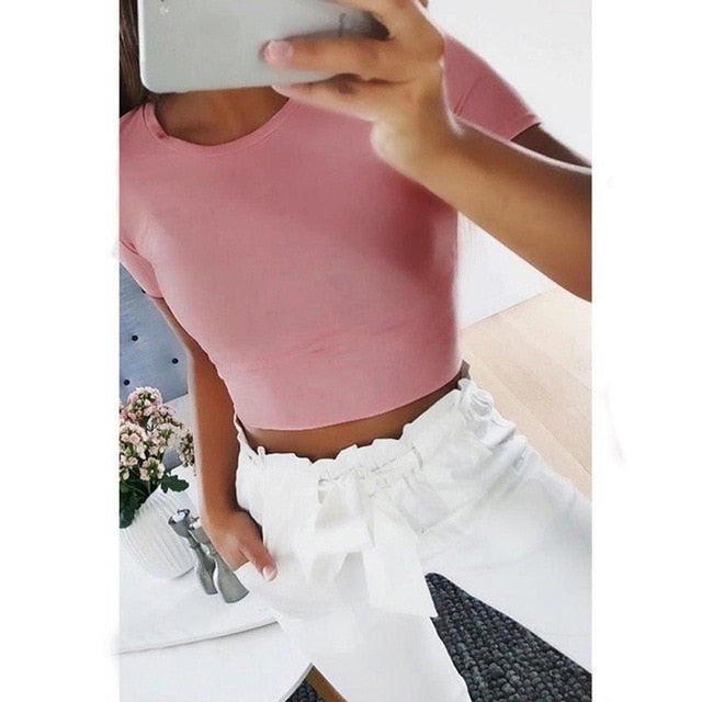 Summer Women Fashion Crop Top Shirt Solid Color O-Neck Short Sleeve T-shirt  Casual Tees Basic Black White