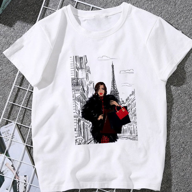 Summer Women T-shirt 2020 Fashion beauty champagne pattern Printing Tshirt Harajuku Leisure Streetwear Female Clothing Tshirt