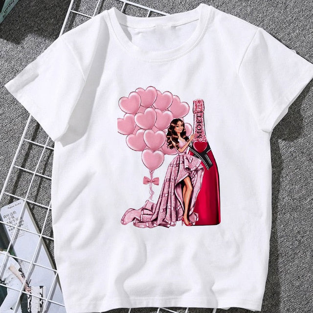 Summer Women T-shirt 2020 Fashion beauty champagne pattern Printing Tshirt Harajuku Leisure Streetwear Female Clothing Tshirt
