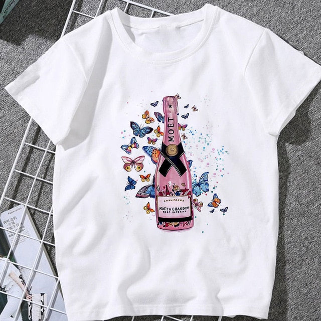 Summer Women T-shirt 2020 Fashion beauty champagne pattern Printing Tshirt Harajuku Leisure Streetwear Female Clothing Tshirt