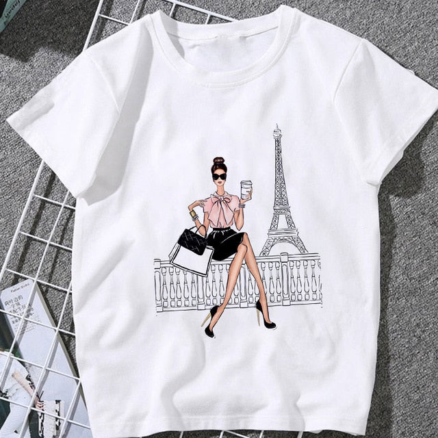 Summer Women T-shirt 2020 Fashion beauty champagne pattern Printing Tshirt Harajuku Leisure Streetwear Female Clothing Tshirt