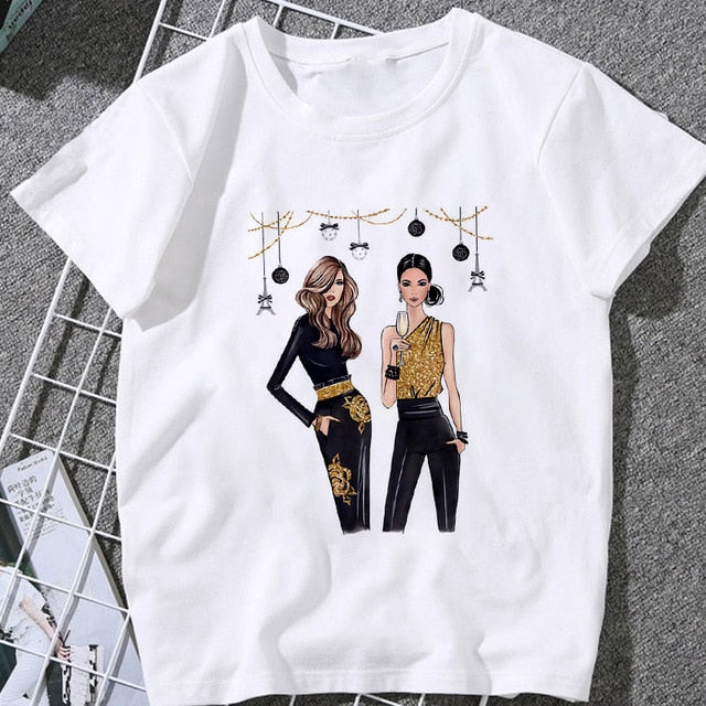 Summer Women T-shirt 2020 Fashion beauty champagne pattern Printing Tshirt Harajuku Leisure Streetwear Female Clothing Tshirt
