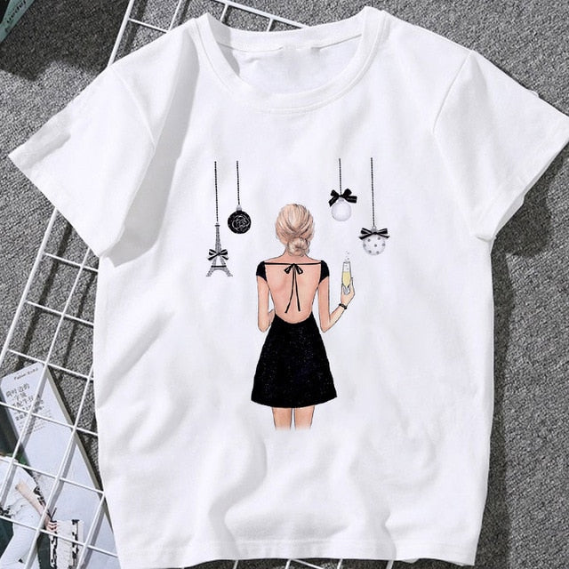 Summer Women T-shirt 2020 Fashion beauty champagne pattern Printing Tshirt Harajuku Leisure Streetwear Female Clothing Tshirt