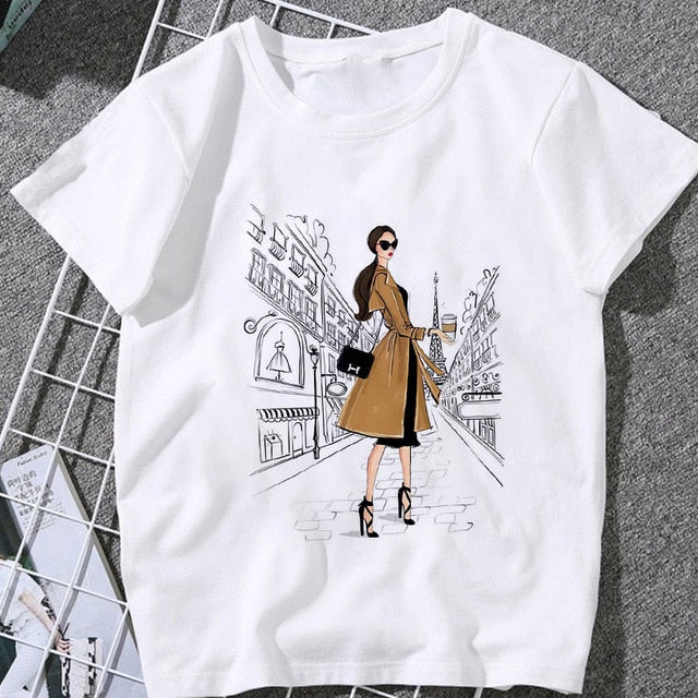 Summer Women T-shirt 2020 Fashion beauty champagne pattern Printing Tshirt Harajuku Leisure Streetwear Female Clothing Tshirt