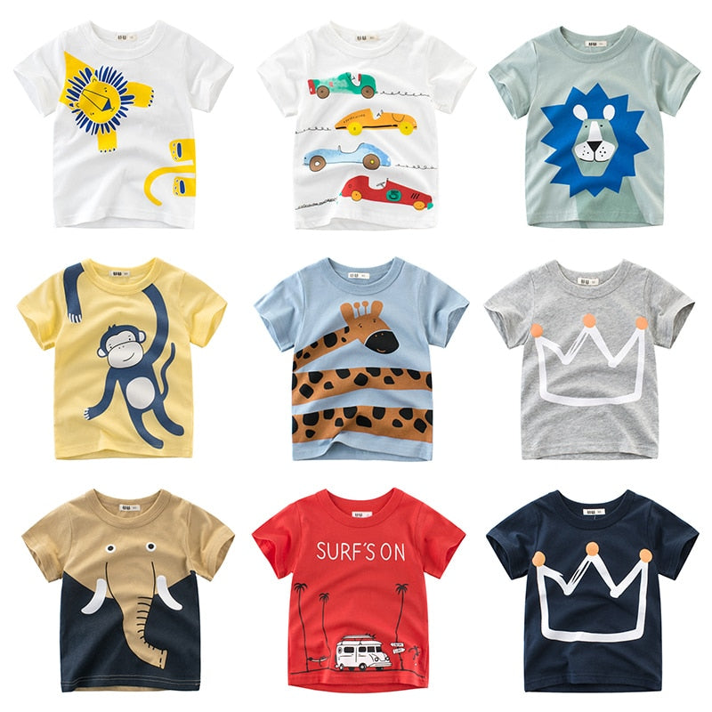 T Shirt Cartoon Animals Baby Kids Boys Girls Children Cotton Short Sleeves Summer Clothing Lion Monkey Print Tee Red Car Toddler