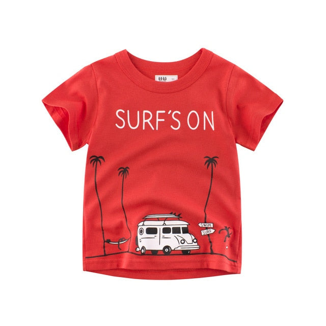 T Shirt Cartoon Animals Baby Kids Boys Girls Children Cotton Short Sleeves Summer Clothing Lion Monkey Print Tee Red Car Toddler