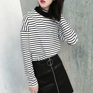 2020 Autumn Women T Shirt Fashion Clothing Lady O Neck T-Shirt Causal Black White Strip Long Sleeve Top For Female