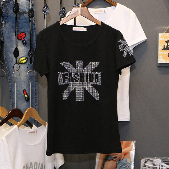 Short sleeve T-shirt women Summer clothes New 2020 fashion Hot drilling printing loose cotton Bottoming shirt Pullovers female